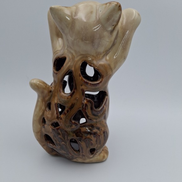 MCM Ceramic Cat Figurine Collectible Artist Handmade 7" Tall Brown Hollow Beging - Picture 6 of 10